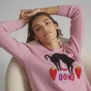 Anthropologie Nathalie Lete Lucky Cat 100% Cashmere pink sweater size S